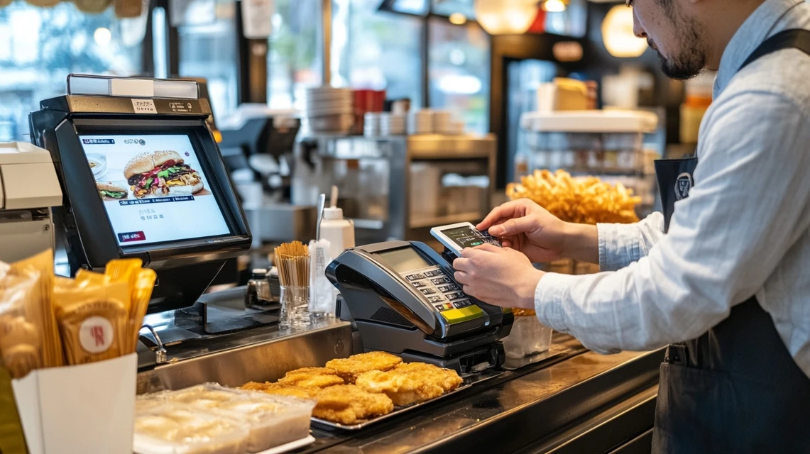 ケンタッキーでau PAY支払いを行う日本人男性の様子
