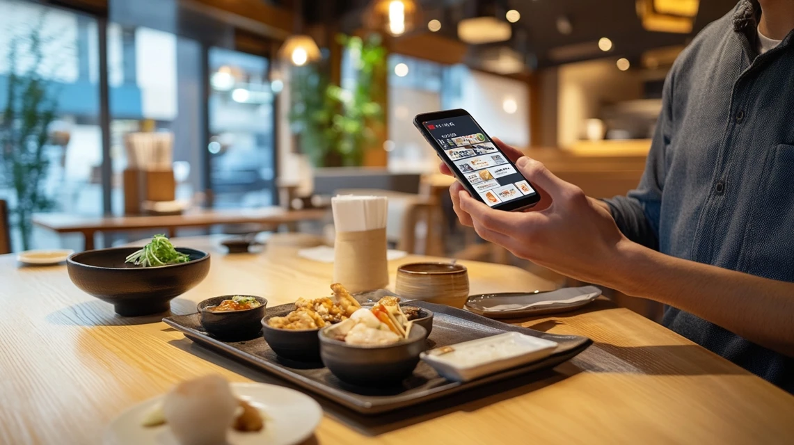 男性がスマホでdポイント決済を行う場面