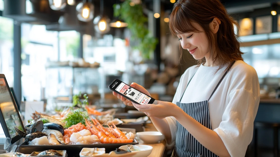 スマホのクーポンで中納言ランチをお得に注文する女性
