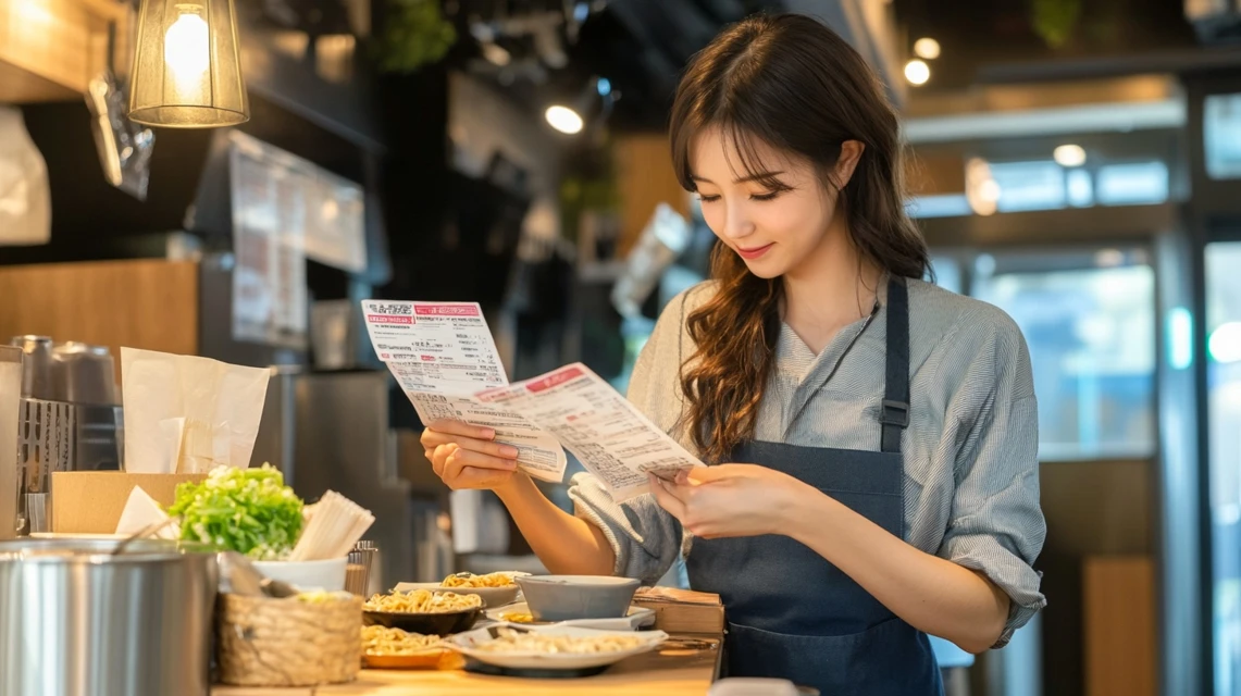 日高屋のメニューを見ながらクーポンを使う日本人女性