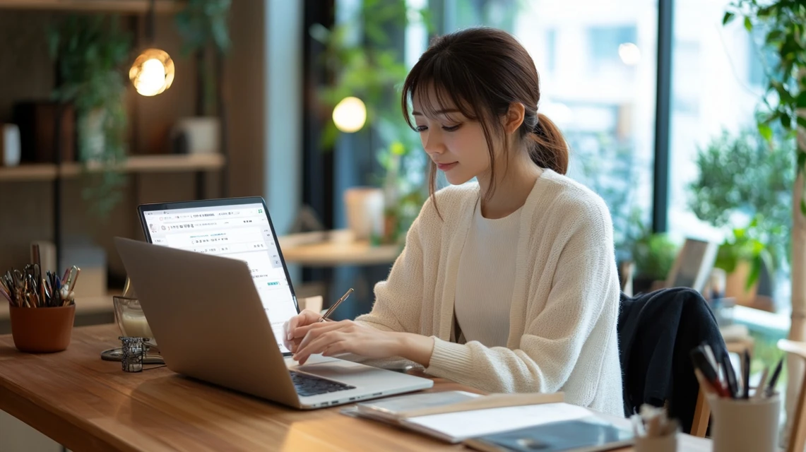 会社員がノートPCで優待を検索中