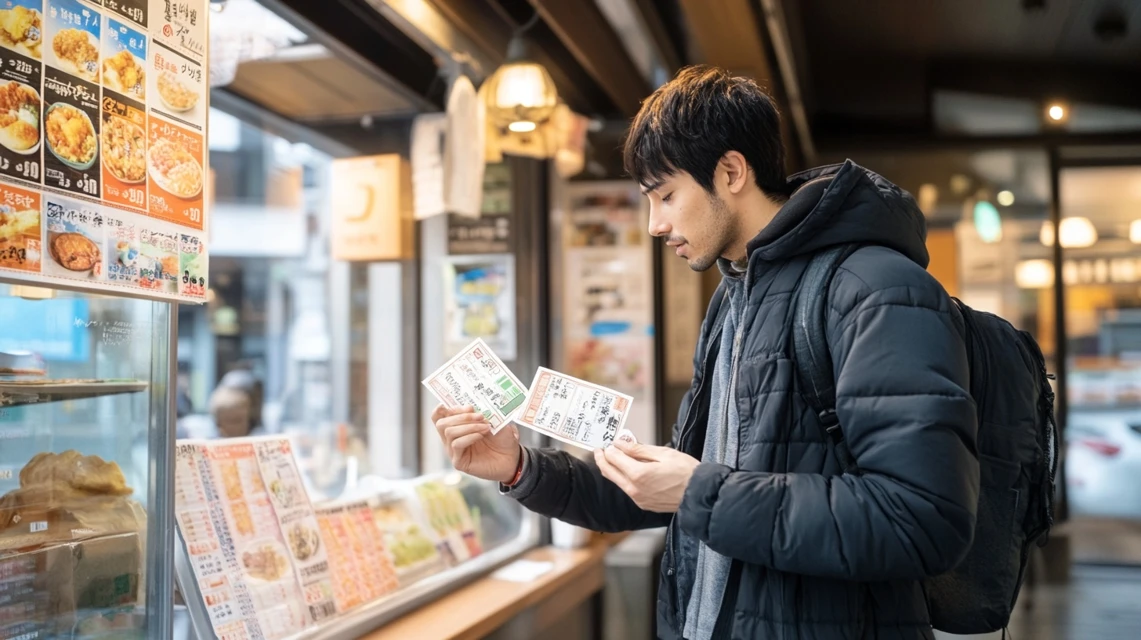 地図を見ながら福島のランチクーポン店を巡る日本人