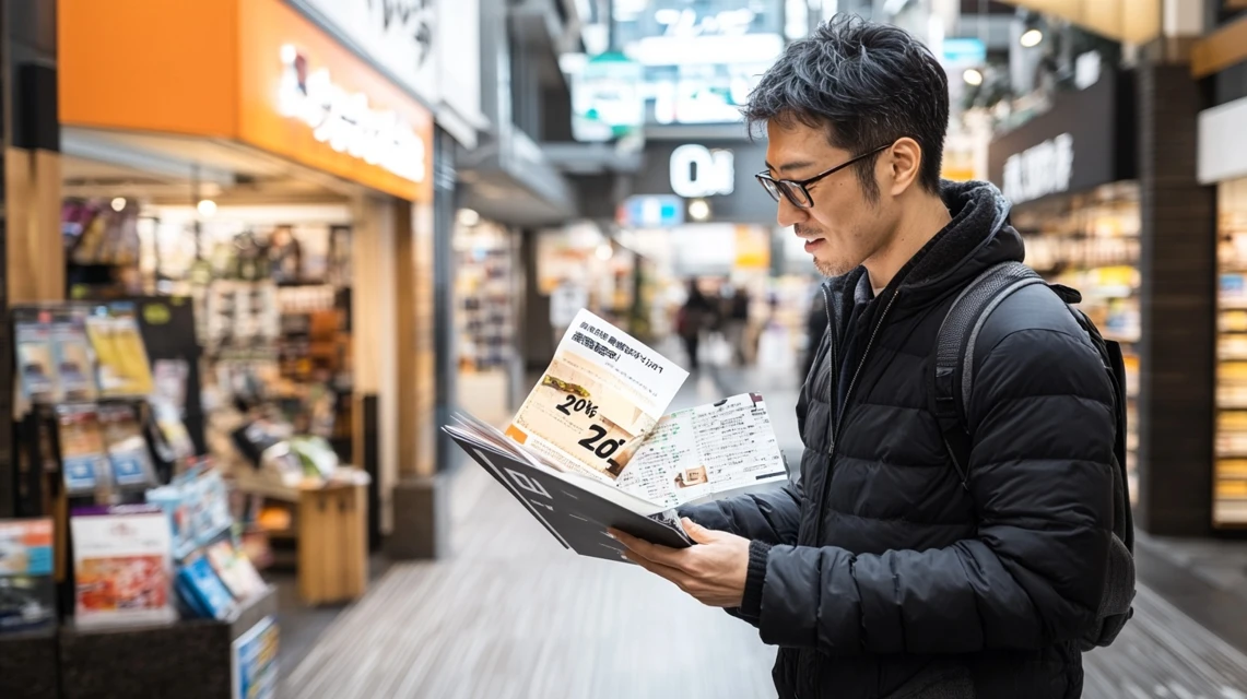 和食さとの20%割引クーポン内容を読む日本人男性