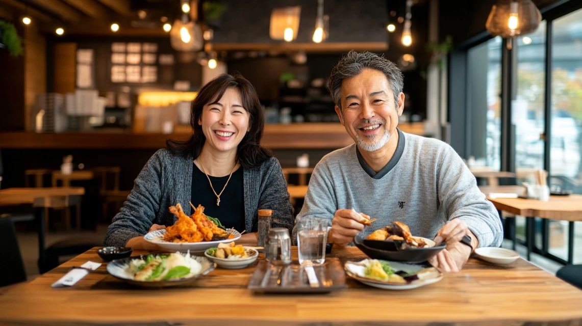 松のや500円キャンペーンで食事を楽しむ日本人夫婦