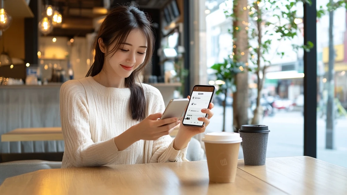 和食さとのLINEクーポンを使う日本人女性の横顔