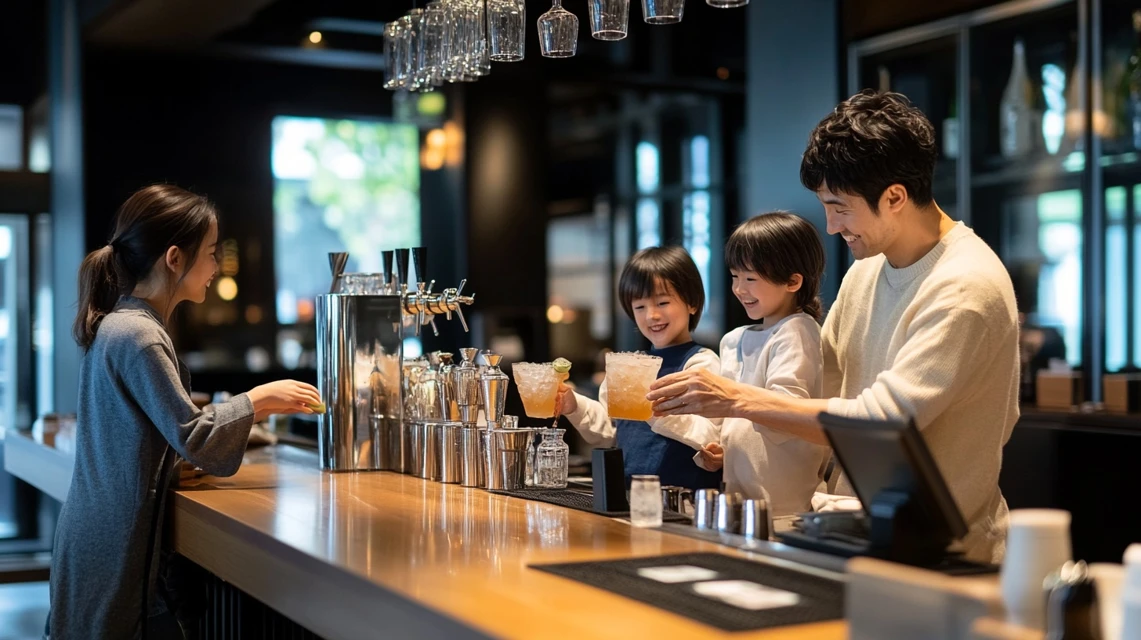 家族でビッグボーイのドリンクバーを楽しむ日本人ファミリー