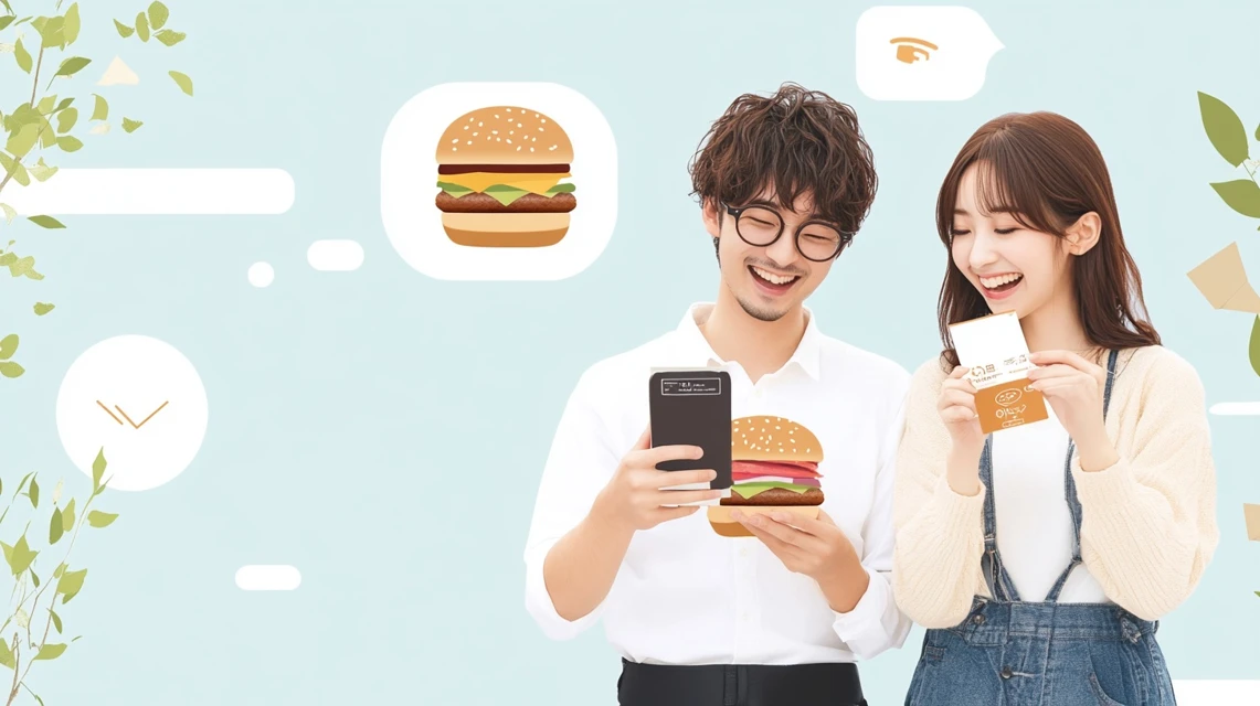 スマホでドコモのモスバーガークーポンを確認する日本人男女