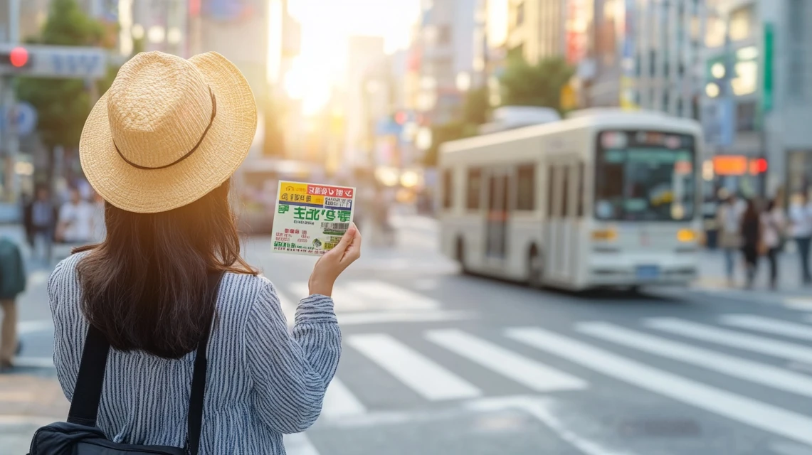 草津温泉で共通クーポンを確認する日本人観光客の屋外風景