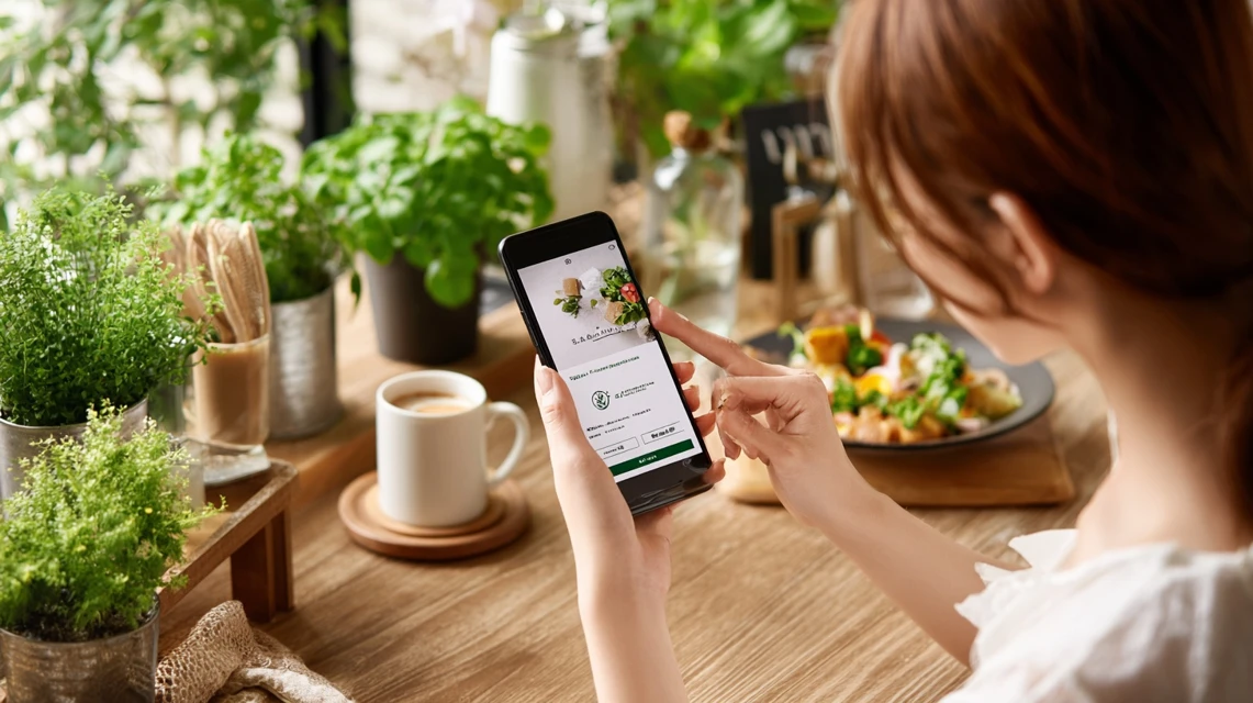 スマホでロッテリアのクーポンを提示して注文する日本人