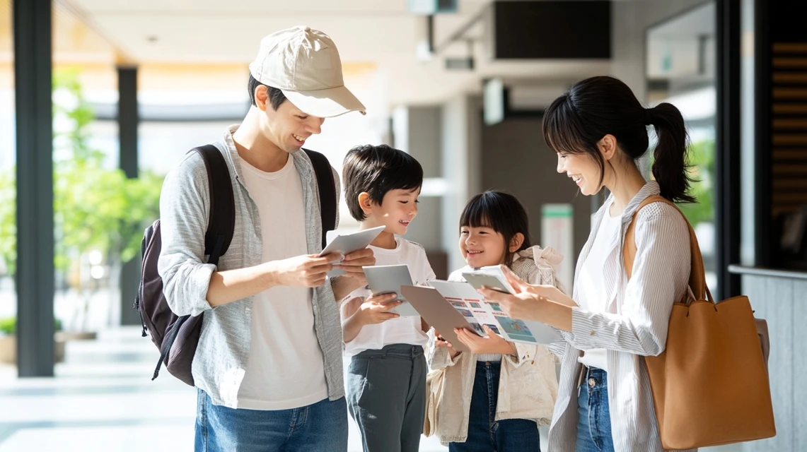 日本人家族が須磨シーワールドの前売り券と当日券の料金を比較する様子
