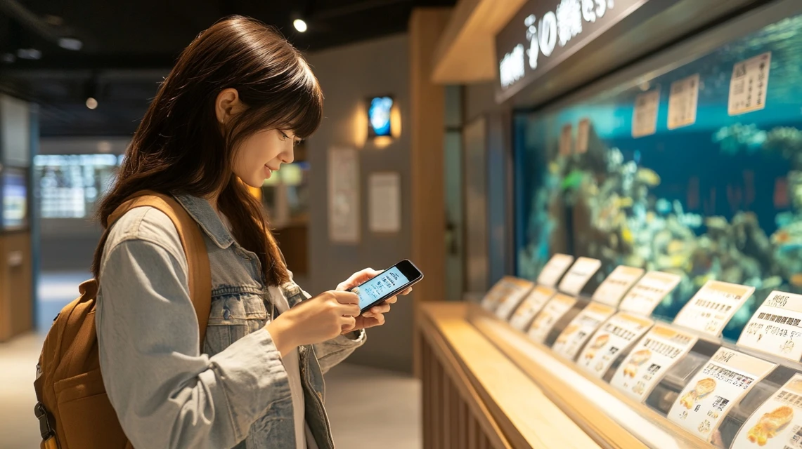 アートアクアリウム名古屋のチケット料金をスマホで確認する日本人女性
