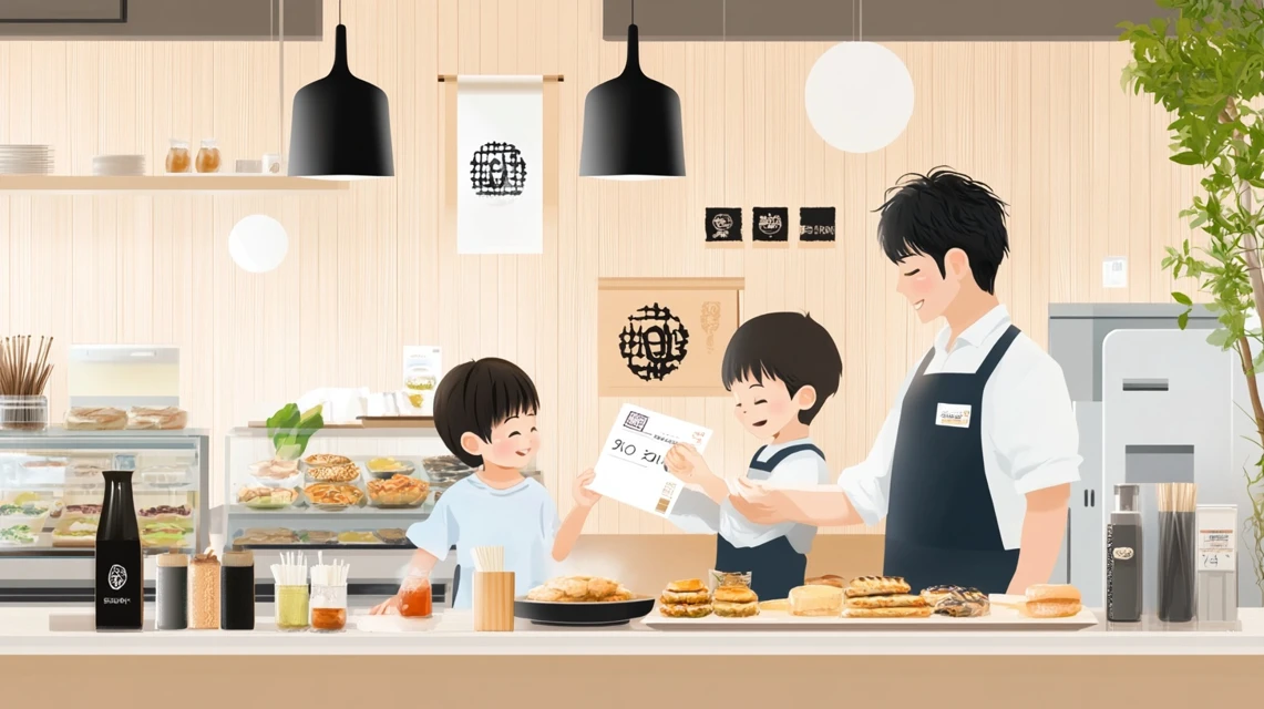 JAF会員証で和食さとのクーポンを提示する日本人