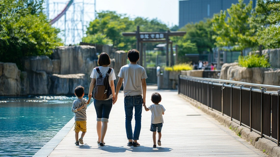 ぐらんぱる公園と動物園を楽しむ日本人家族の様子