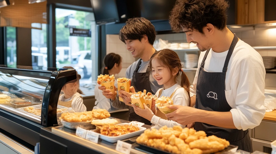 ケンタッキーのクーポン対象メニューを選ぶ日本人家族
