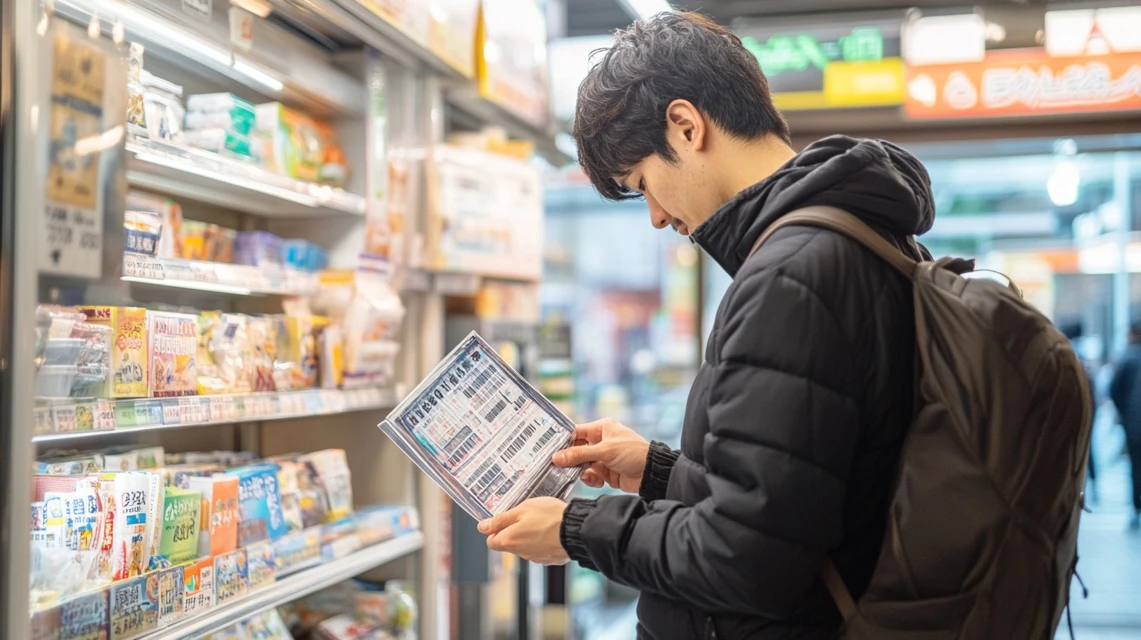 コンビニ端末で琵琶湖バレイロープウェイの前売り券を操作する日本人男性