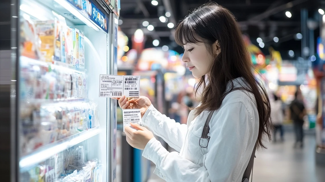 ラクテンチの前売り券をコンビニ端末で購入する日本人女性