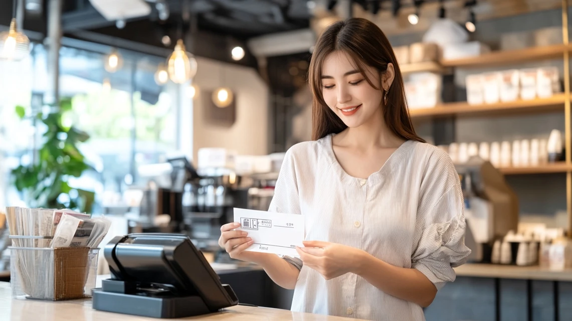 スマホで日高屋クーポンを見せるだけで注文する日本人女性