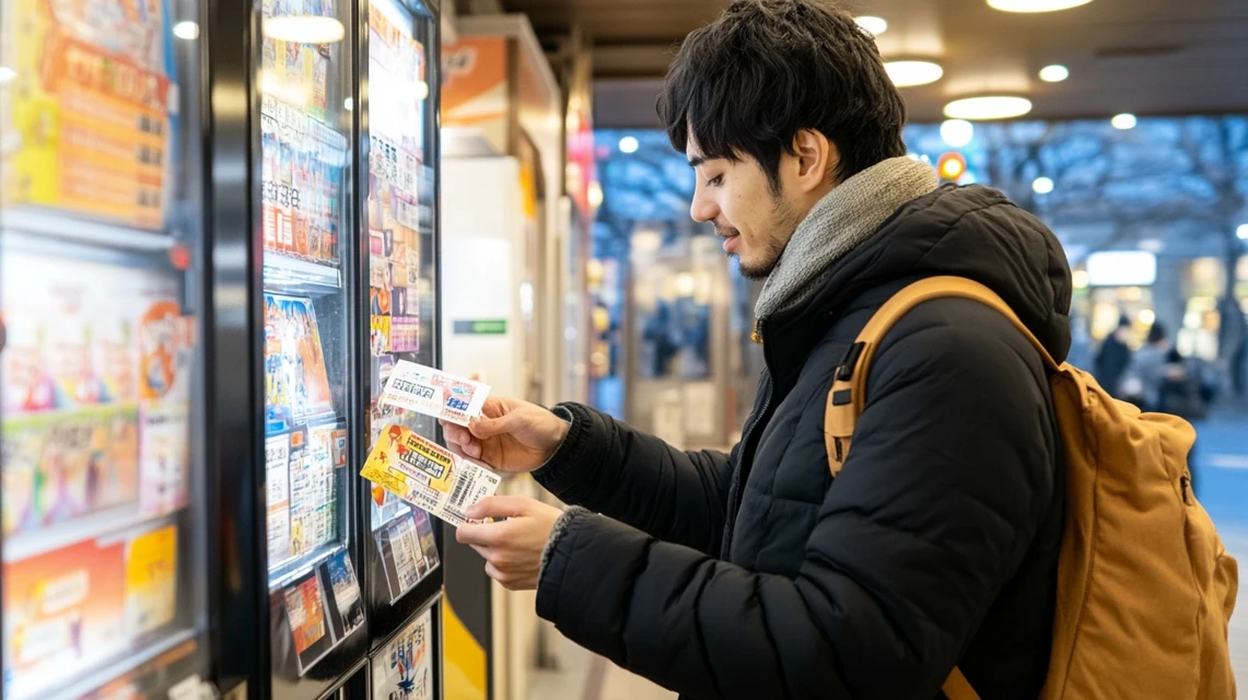 男性がコンビニ端末でチケットを発券