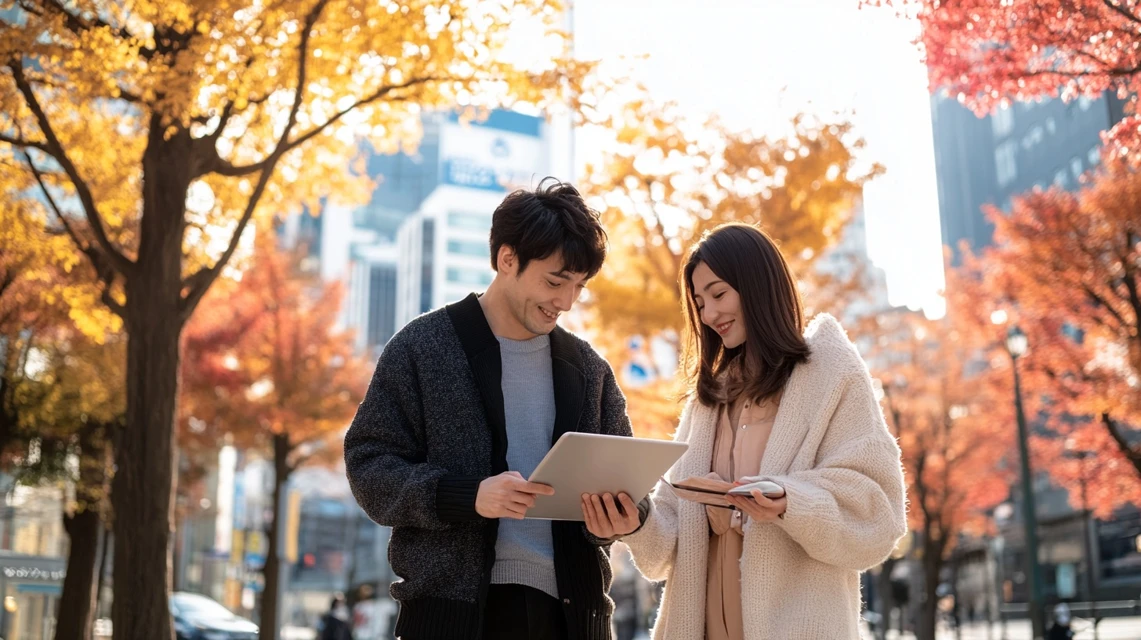 タブレットで楽スパガーデン名古屋の料金比較をする日本人夫婦