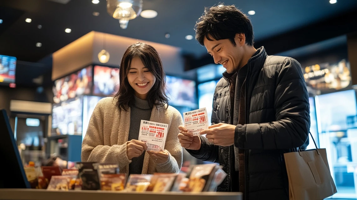 日本人カップルがペア割クーポンを使って映画鑑賞する場面