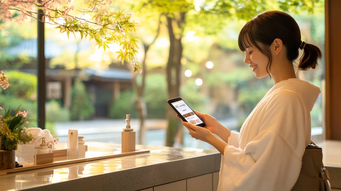 スマホで大滝の湯のクーポンを確認する日本人女性の旅行風景