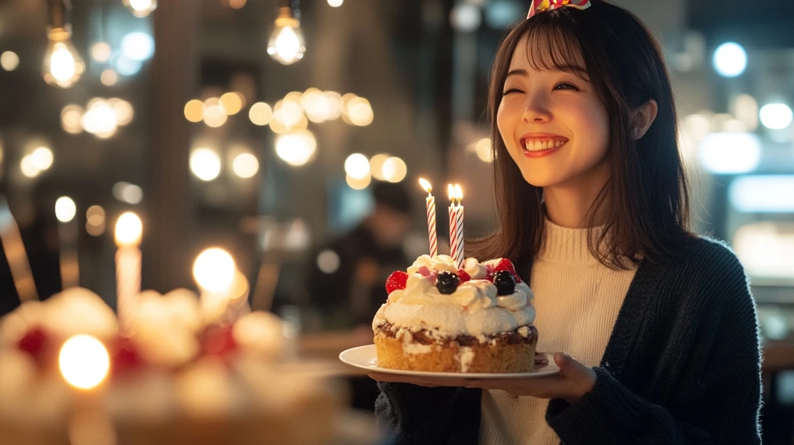 誕生日ケーキを楽しみビッグボーイクーポンを使う女性