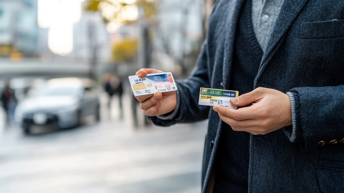 会員カードとクーポンを併用する男性
