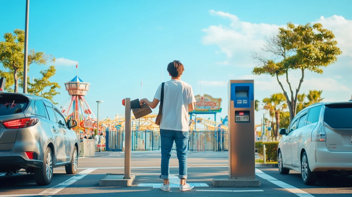 ぐらんぱる公園の駐車場で支払いを行う日本人男性の様子