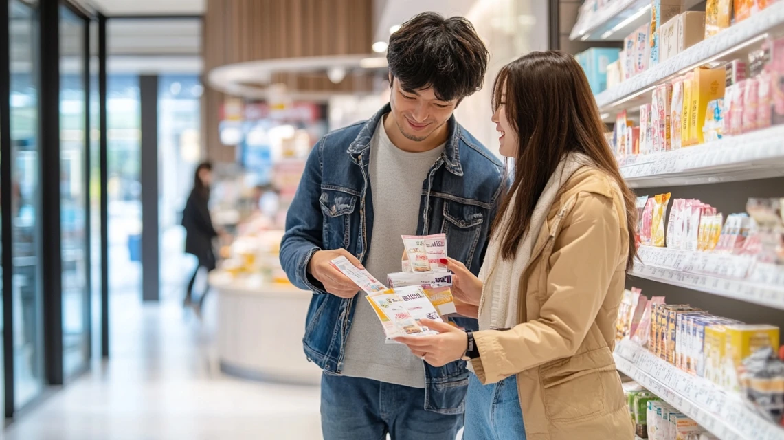 日本人カップルが須磨シーワールドの最新クーポン情報をスマホで確認する様子