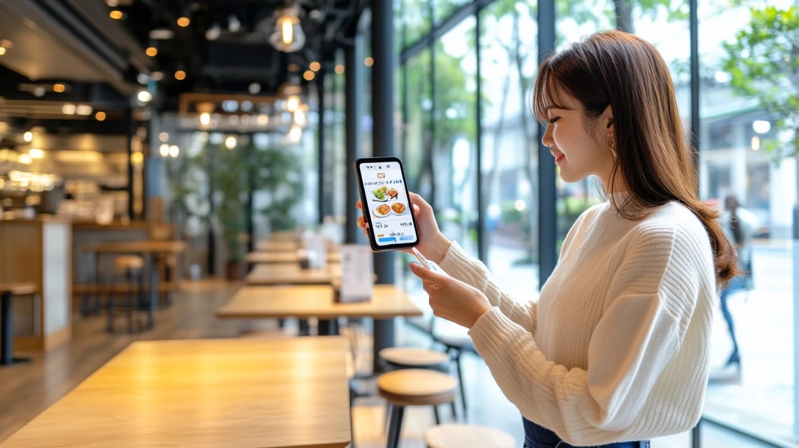 スマホでフォルクスクーポンを確認する日本人女性