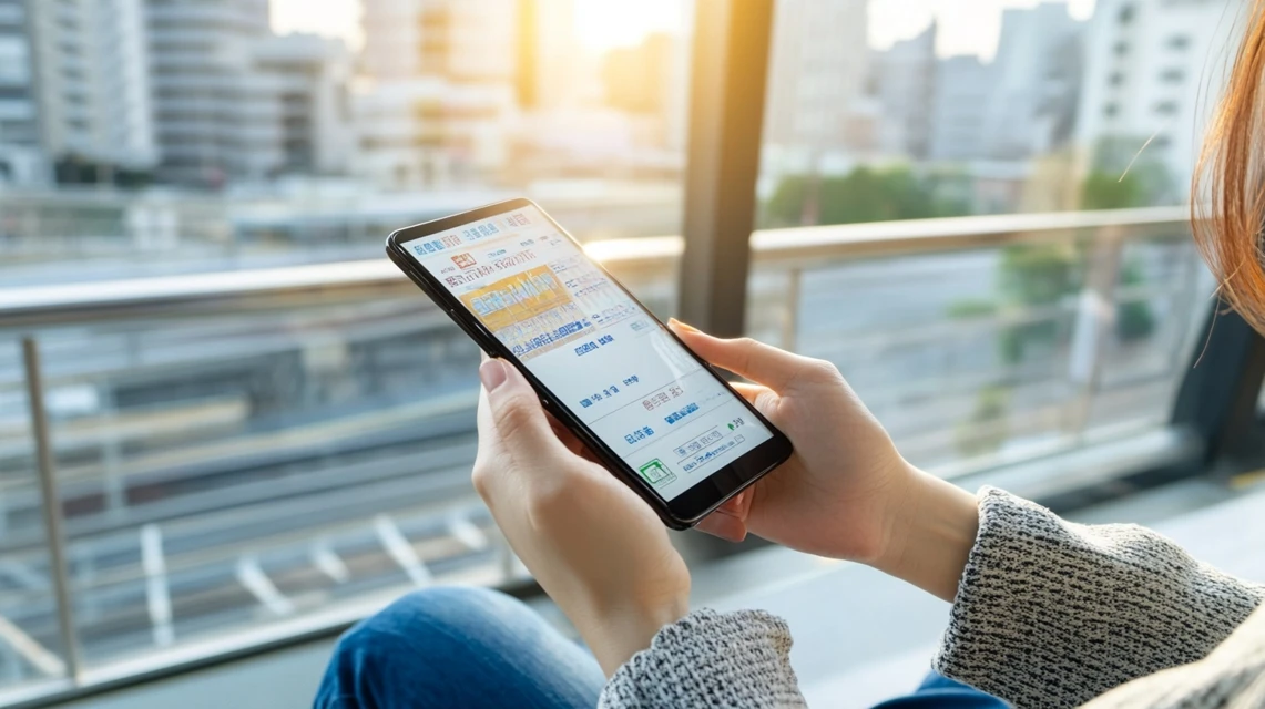 女性がスマホで割引チケットを購入中