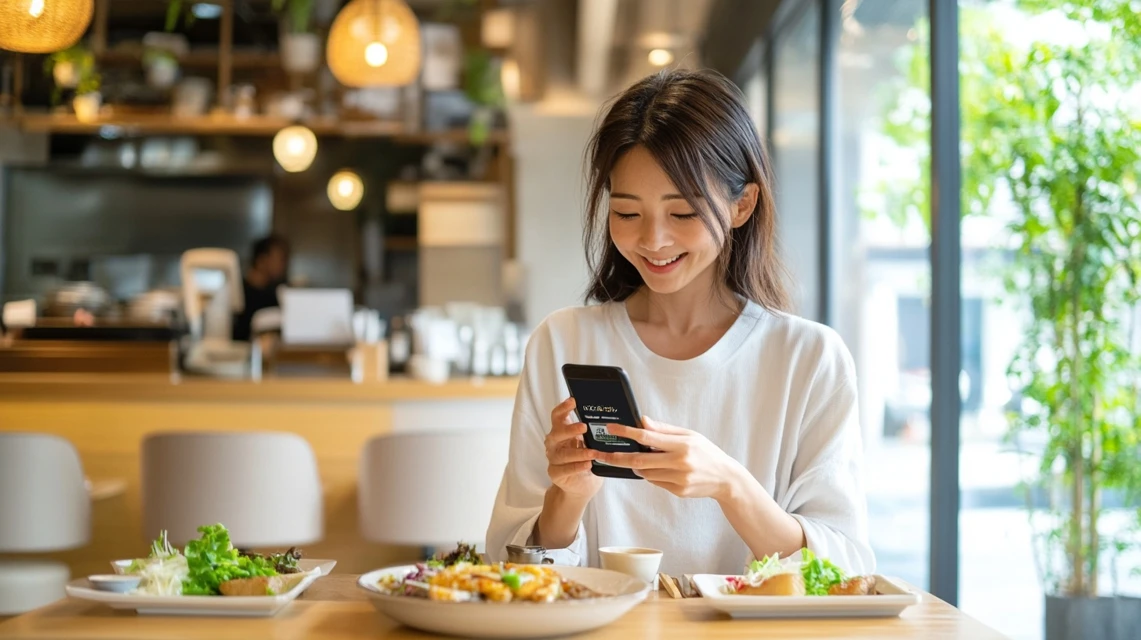 女性がスマホで温野菜の割引クーポンを確認
