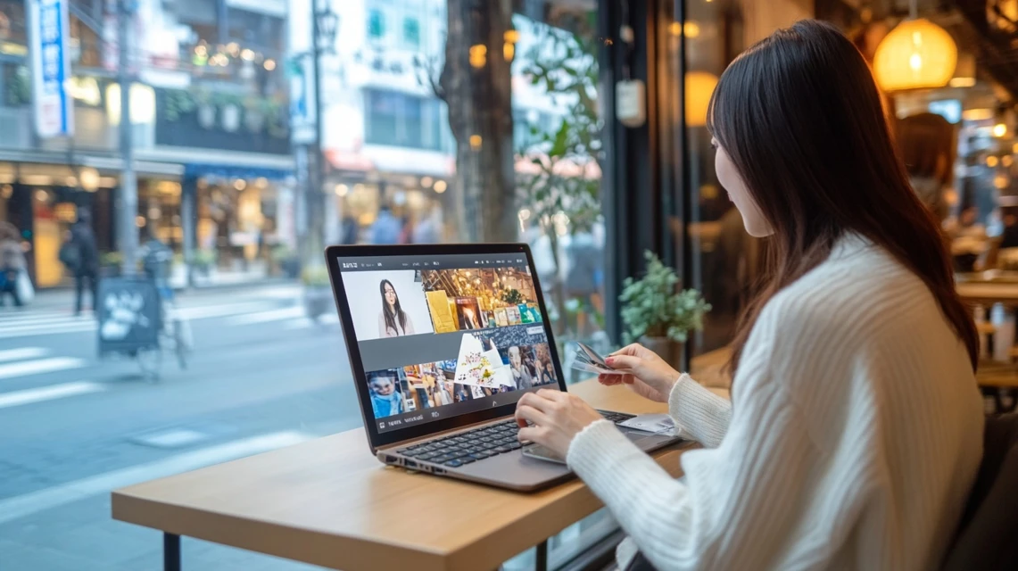 女性がパソコンでライブ配信を見ながら買い物中