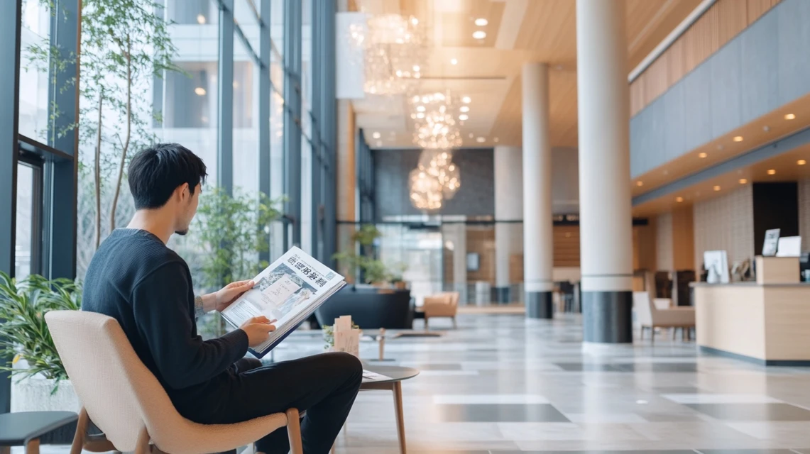 館内案内を確認するアルゴの湯利用客
