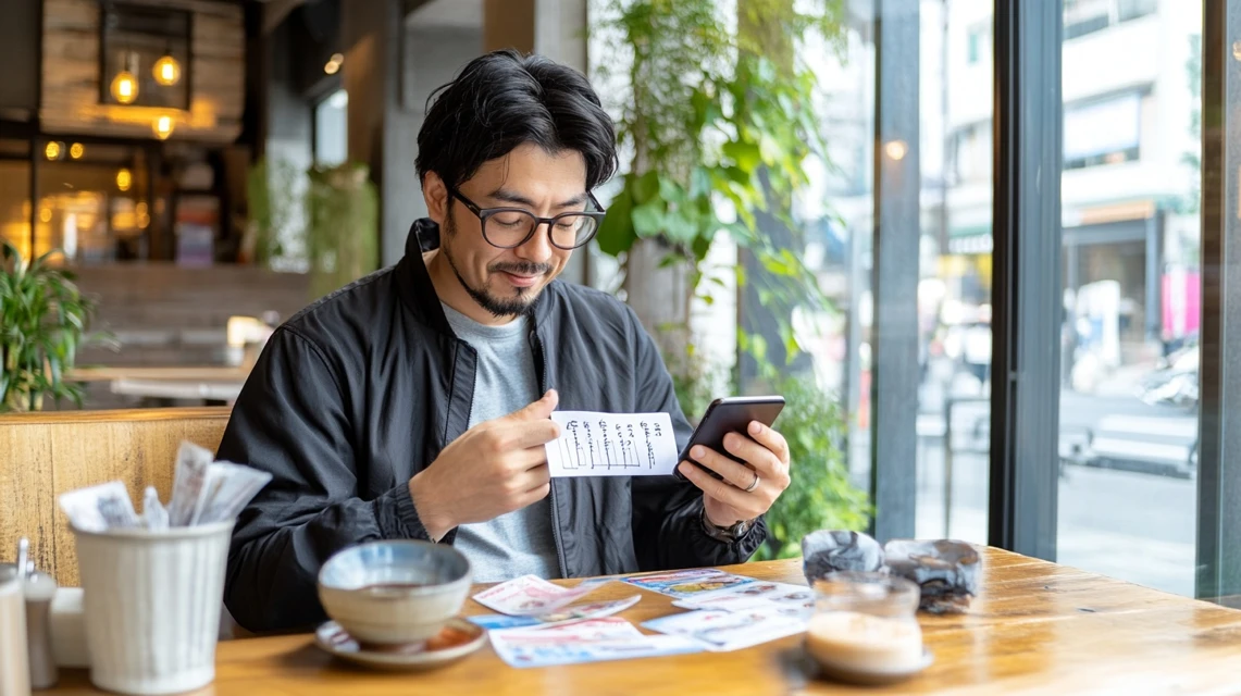 ジョリーパスタを予約しクーポンを使う日本人男性のスマホ操作