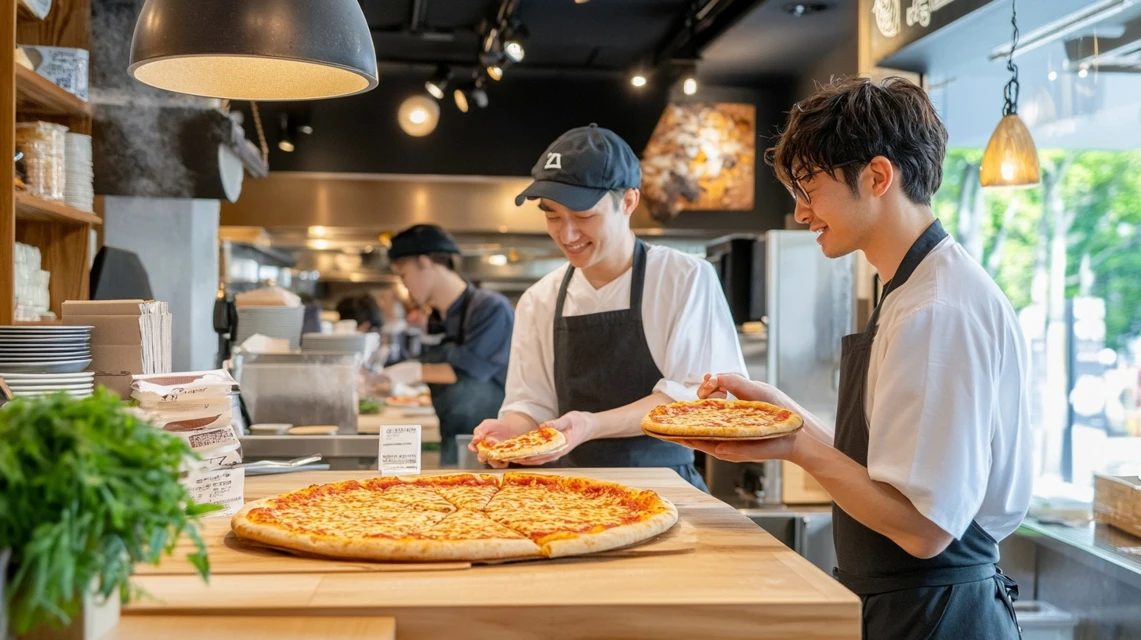 アオキーズピザのクーポンについて質問する日本人客と店員