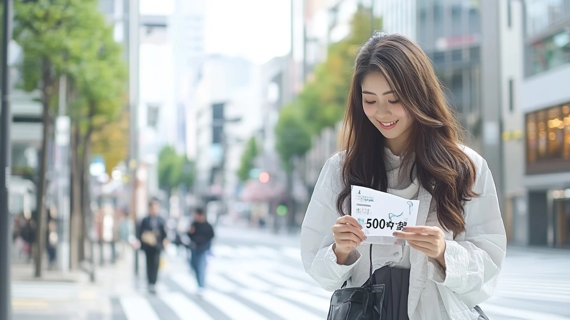 スマホで500円割引クーポンを受け取る日本人女性の様子
