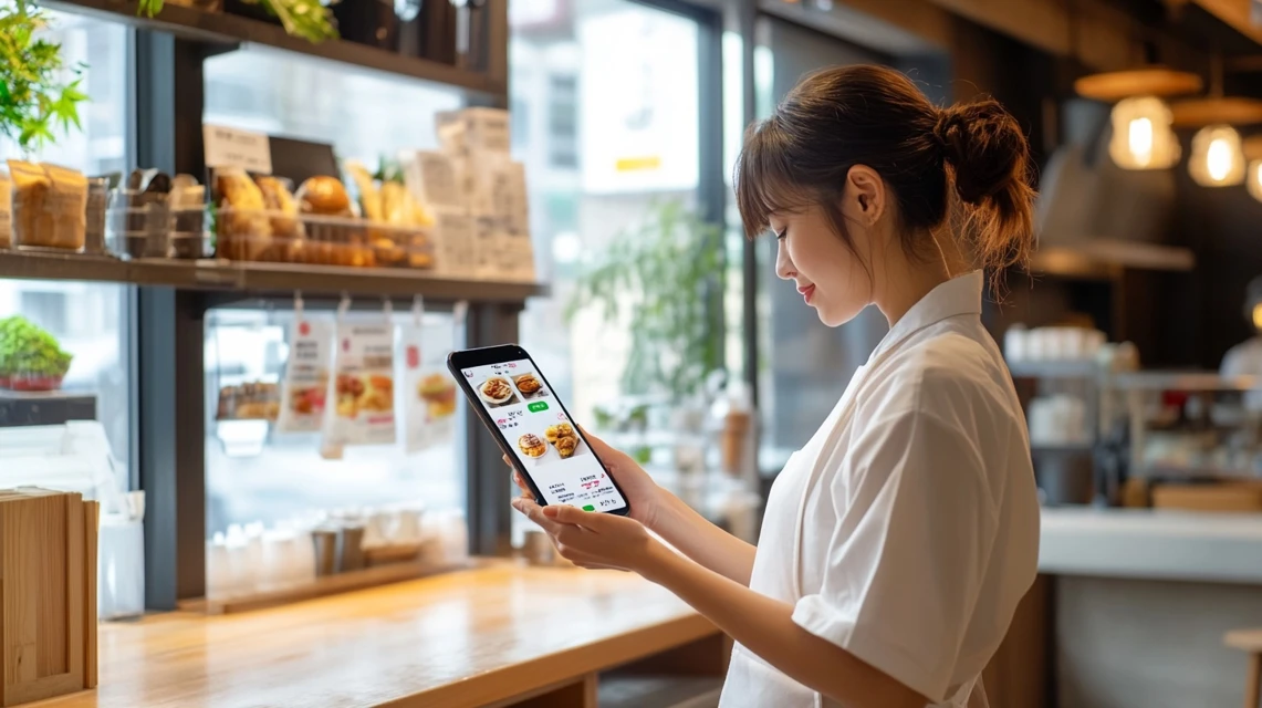 ケンタッキーのクーポンを公式アプリで確認する日本人女性
