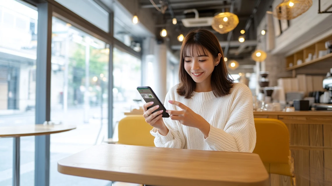 ジョリーパスタのクーポンをスマホアプリで探す日本人女性