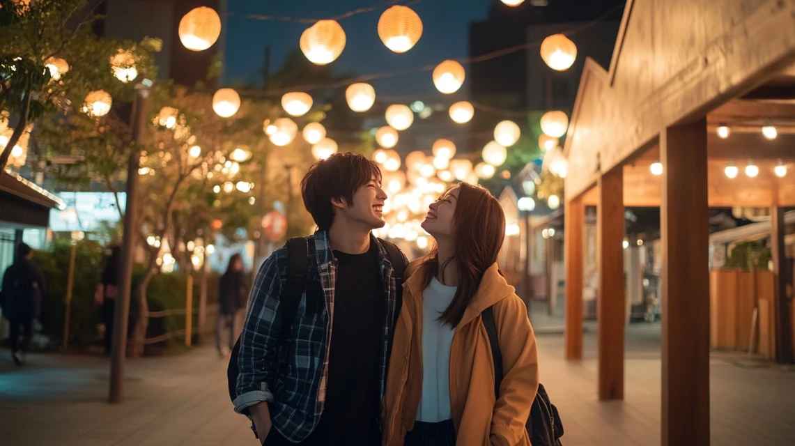 ぐらんぱる公園の夜イルミネーションを楽しむ日本人カップル