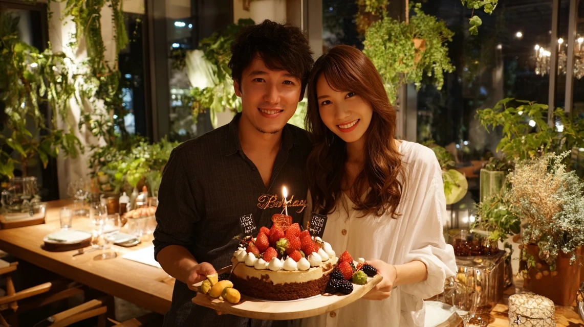 伊藤園ホテルで誕生日ケーキ付きプランを楽しむ日本人カップル