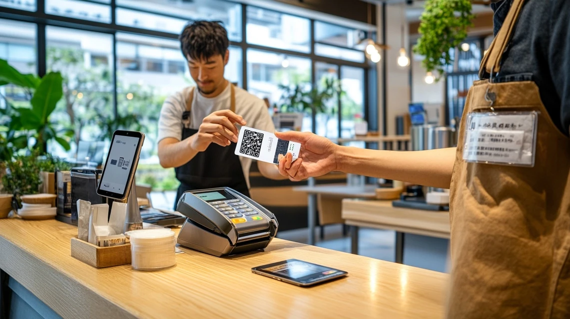 ゲンキーでスマホバーコード決済を行う日本人男性