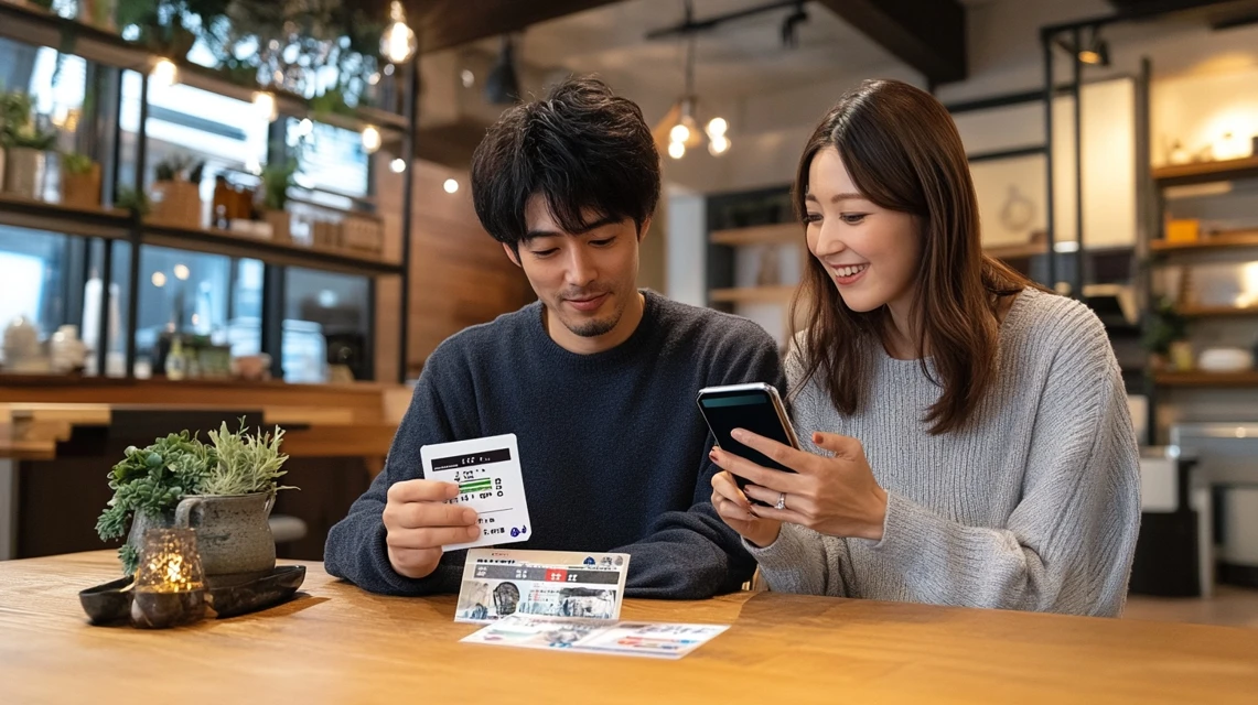 ゲンキーの旧カードとスマホアプリを見比べる日本人夫婦