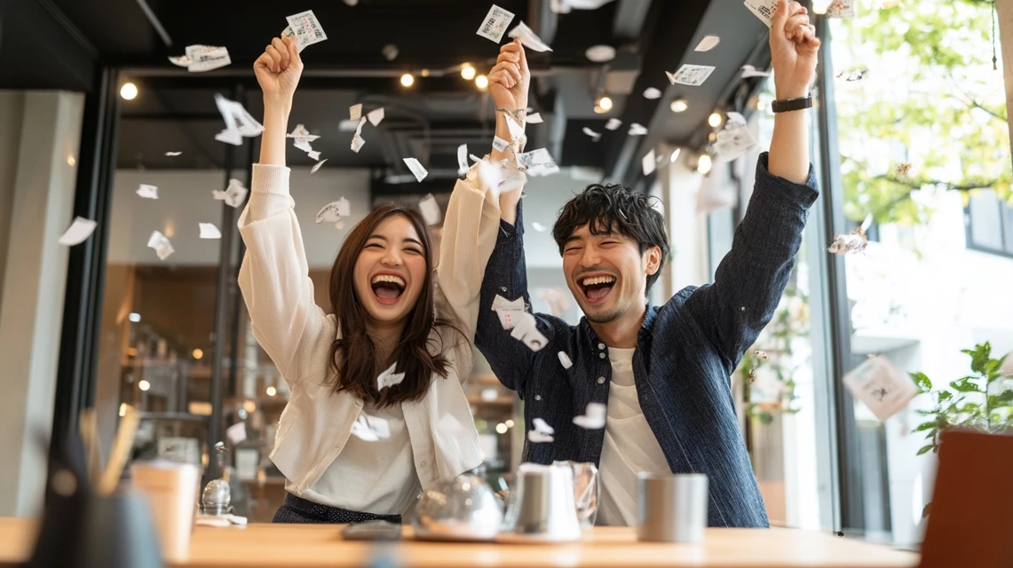 楽天証券の5000円特典キャンペーンで喜ぶ日本人夫婦の笑顔