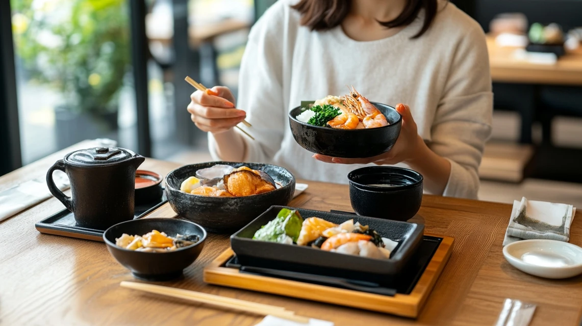 中納言神戸店で1400円ランチセットを楽しむ女性の姿

