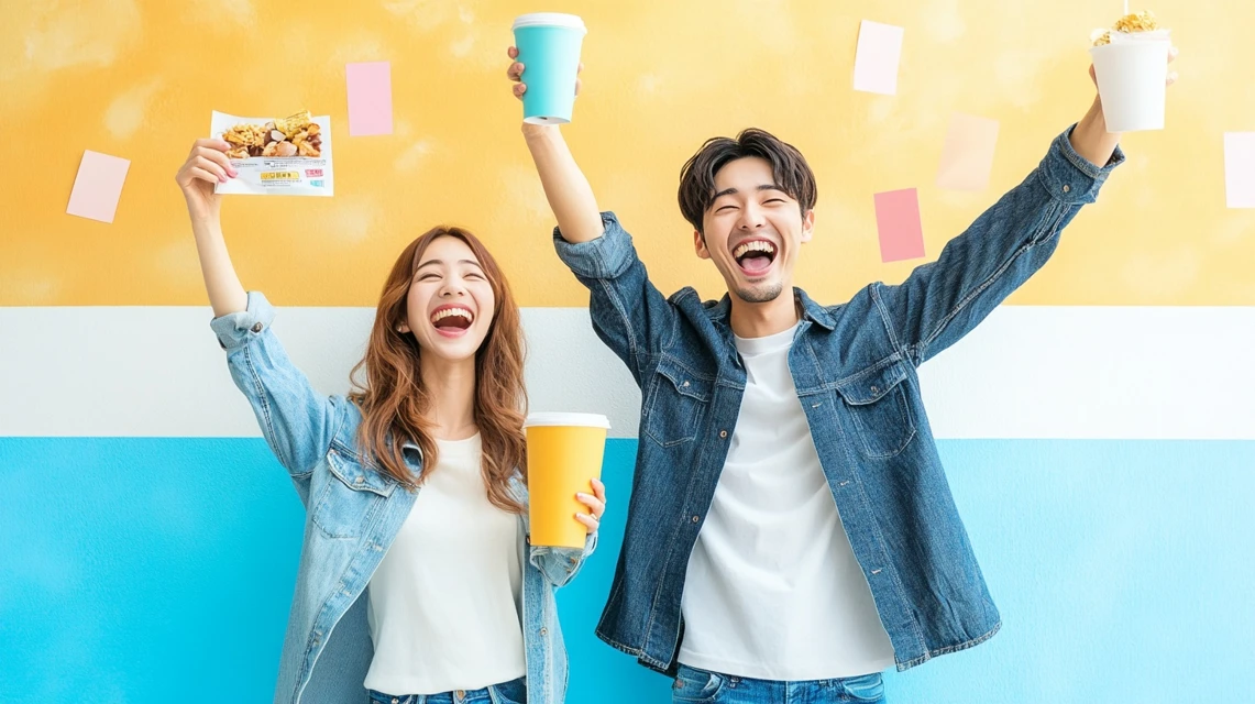 日本人カップルがLINEクーポンで映画と特典を満喫する場面
