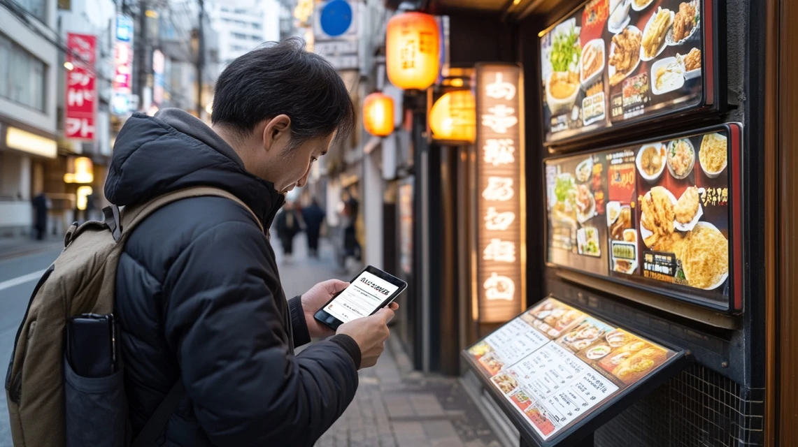 吉野家クーポンの利用条件をスマホで確認する日本人男性