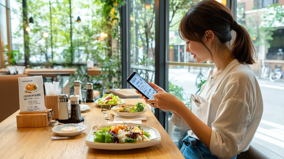 びっくりドンキーのLINEキャンペーン情報を確認する日本人女性
