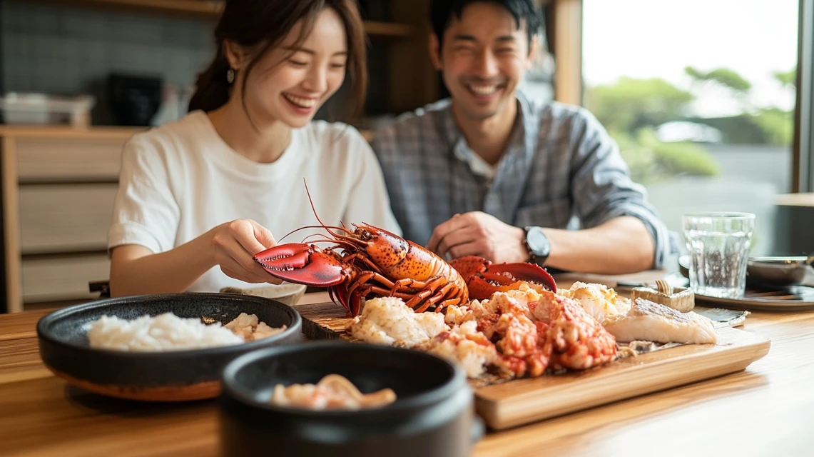 中納言の伊勢海老ランチをクーポンで満喫する笑顔の夫婦
