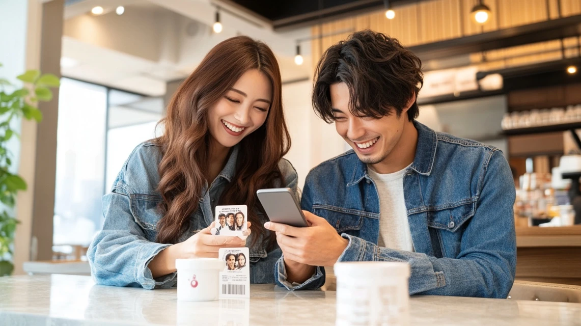 ムビチケの特典コードで限定特典を受け取る日本人カップル
